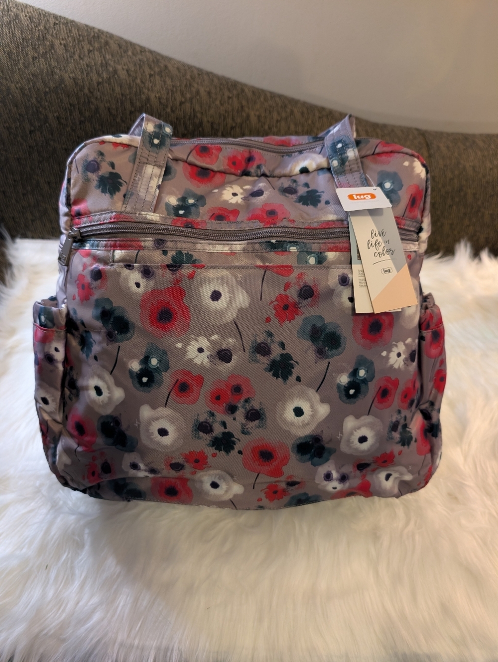lug Sprinter Floral Tote Bag in Gray, Red & Navy